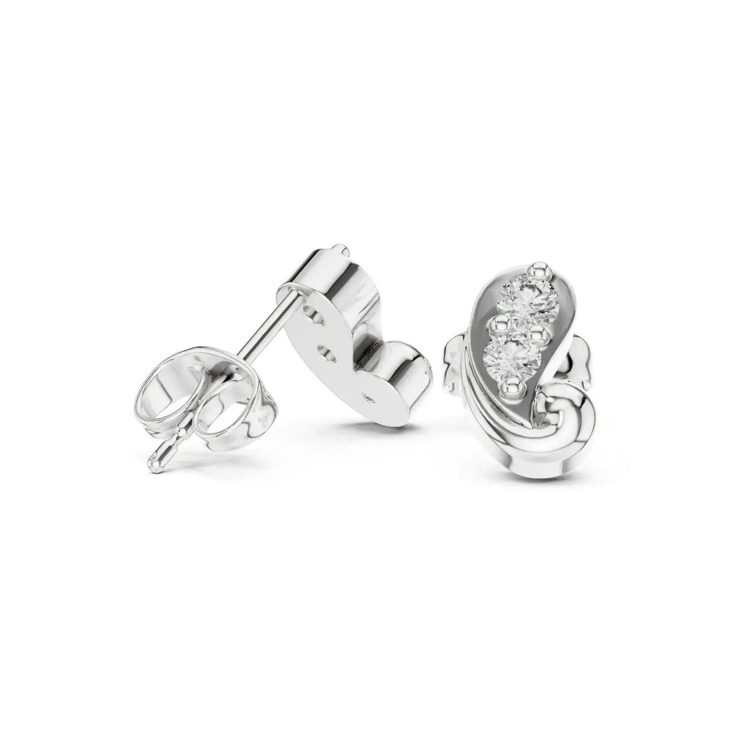 silver Curved Diamond Stud Earrings