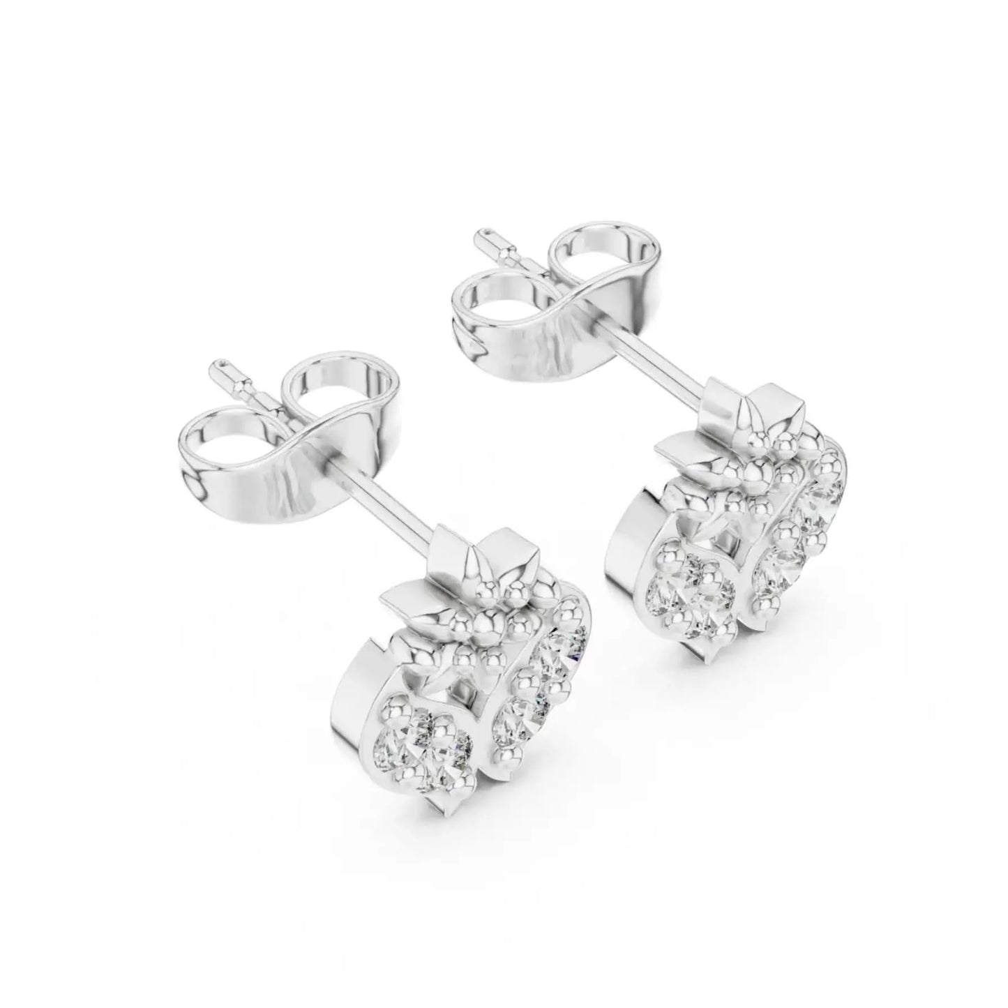 silver Diamond Heart Flower Studs