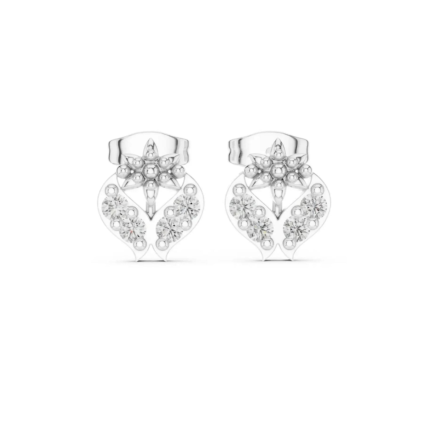 silver Diamond Heart Flower Studs
